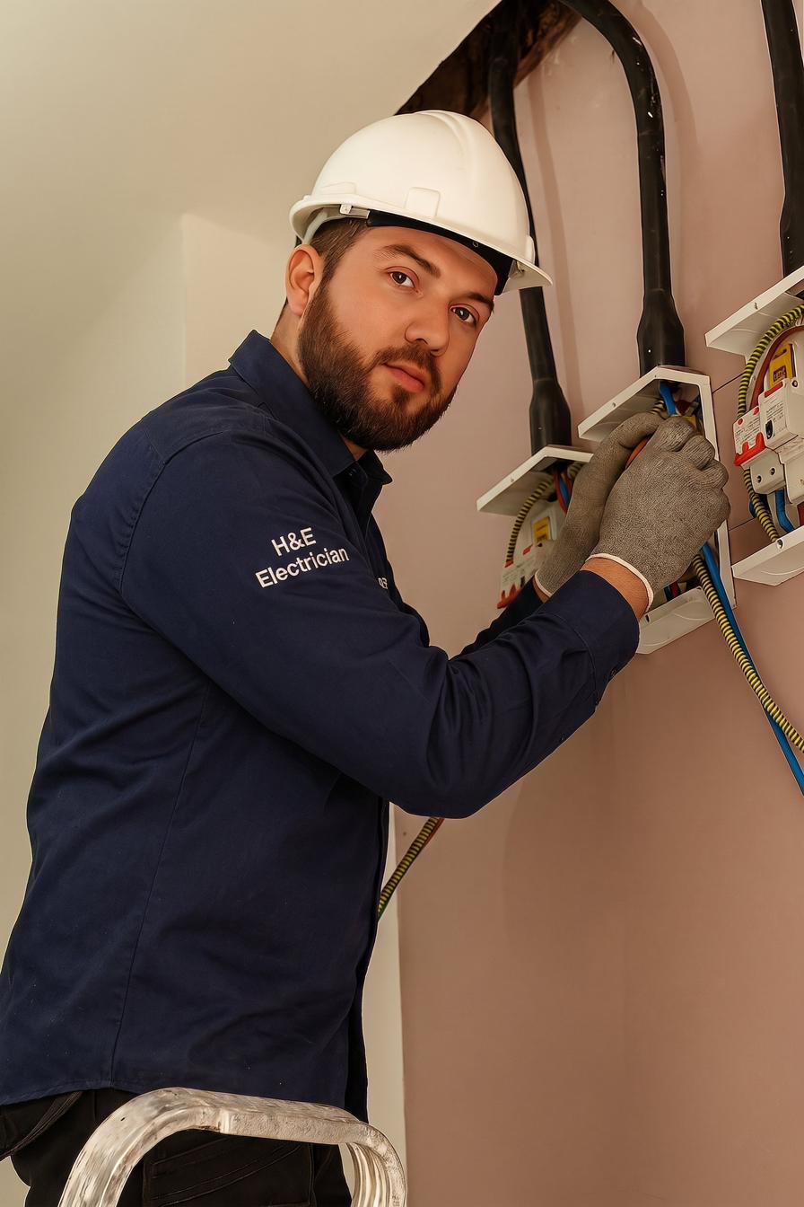 H&E Electrician Ltd electrician working on a fuse board in London & England