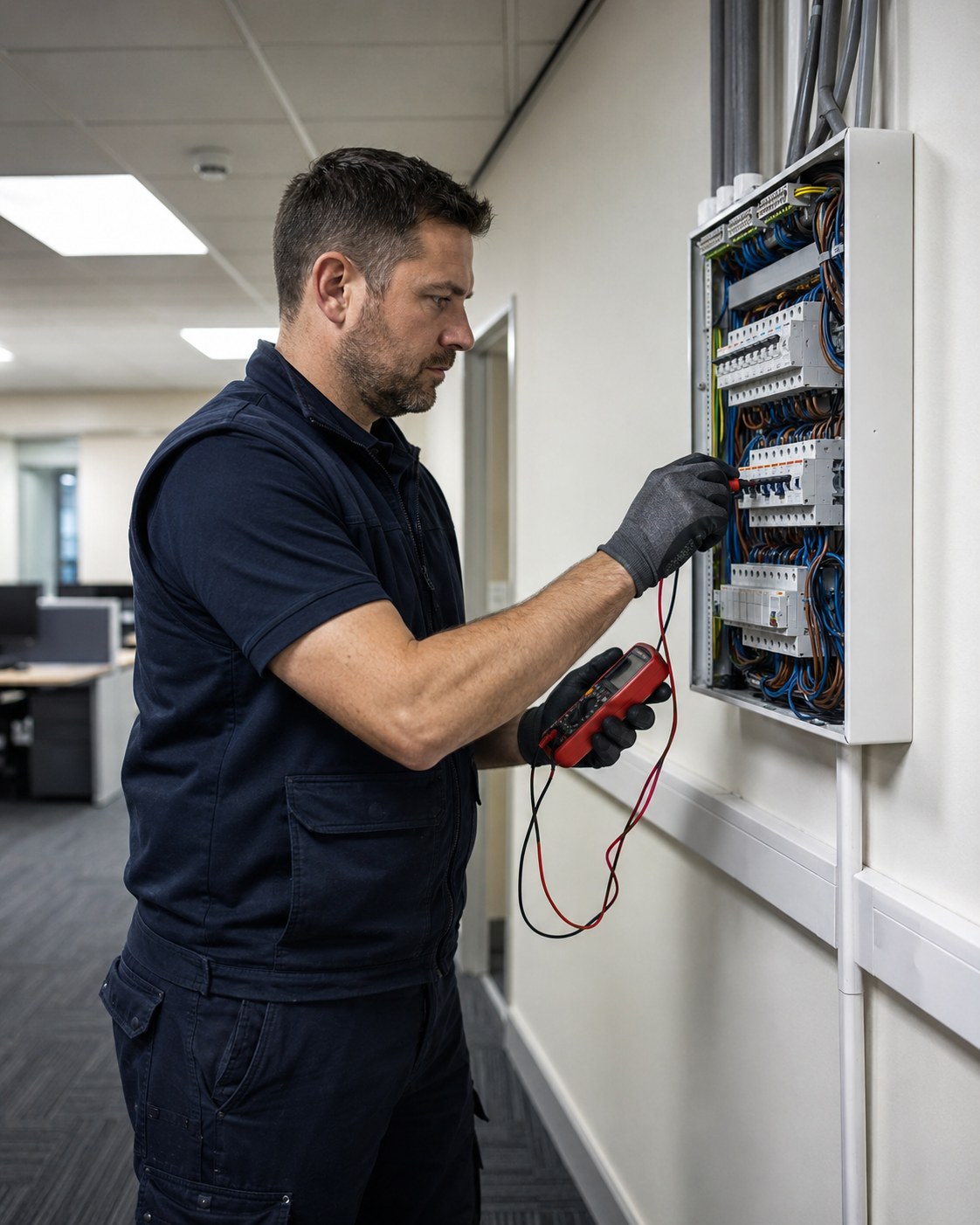 H&E Electrician Ltd electrician testing a commercial distribution board in an office