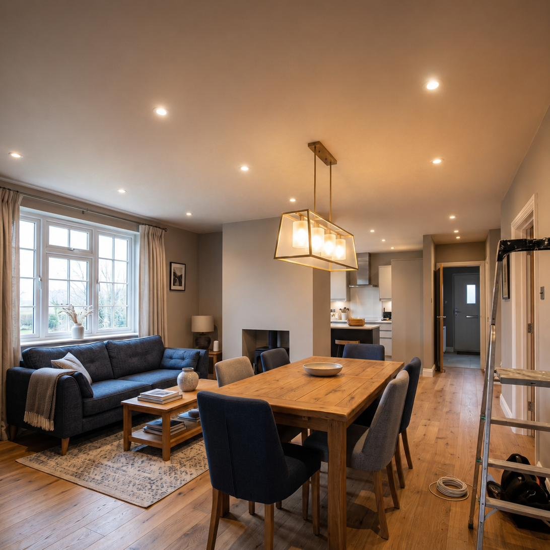 Indoor lighting installation completed by H&E Electrician Ltd in London