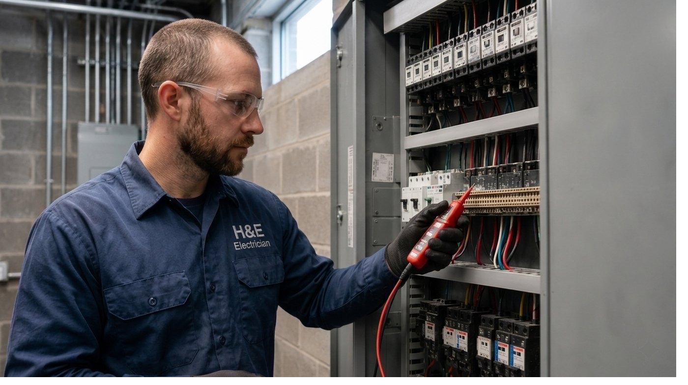 H&E Electrician Ltd professional electrician working on electrical panel
