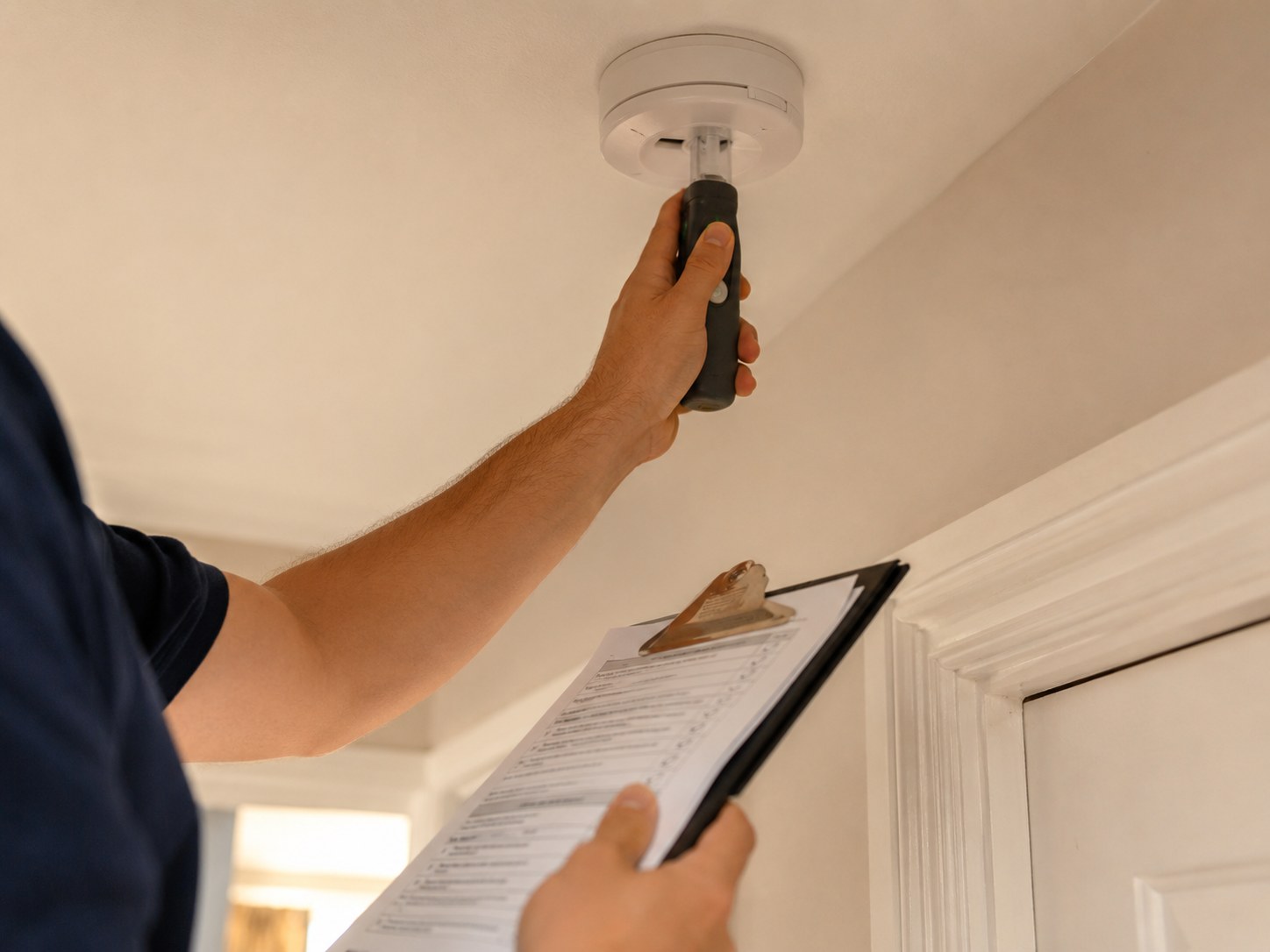 H&E Electrician Ltd electrician testing a smoke alarm and recording the result on a compliance checklist in a rental property